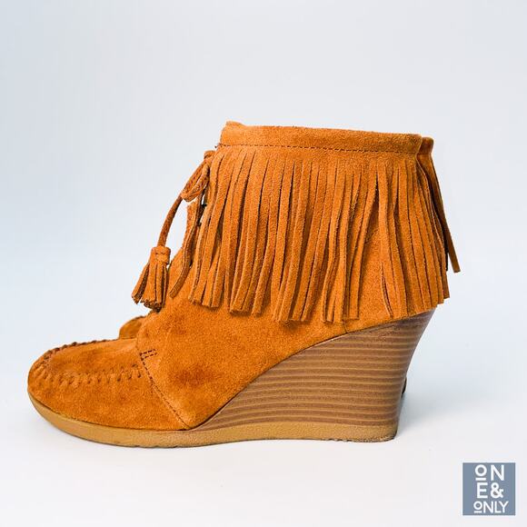 MINNETONKA Brown Ankle Boots Leather Fringe Wedge Heel Tasseled Boho Womens 7.5 - Picture 3 of 11